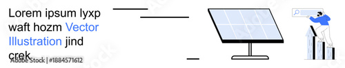 Renewable energy, clean energy, technology research, solar power, energy solutions, internet use. a solar panel and a person interacting with a search system. Technology research and solar power focus