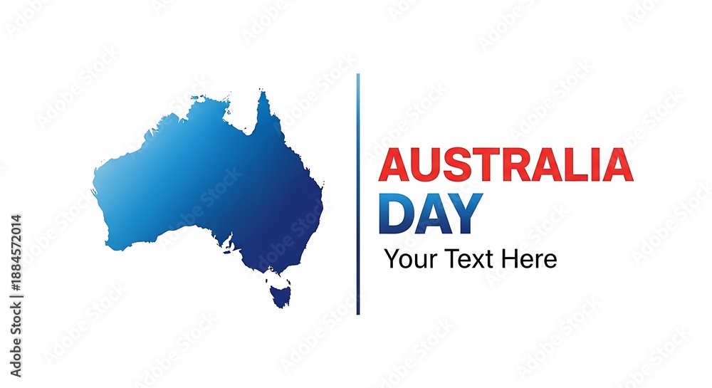 Obraz premium Simple graphic template design featuring a stylized blue map outline of the Australian continent next to bold red and blue text celebrating the national holiday occasion