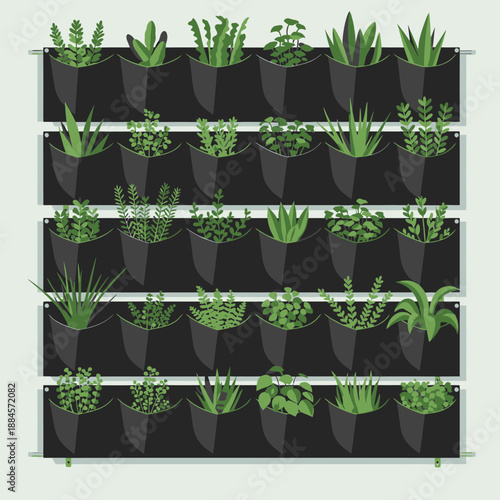 Minimalist Vertical Planter Wall Vector with Dark Felt Pockets Hanging on Balcony Divider