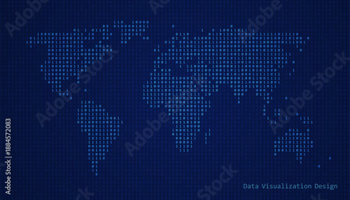 World map made of binary code on tech blue background