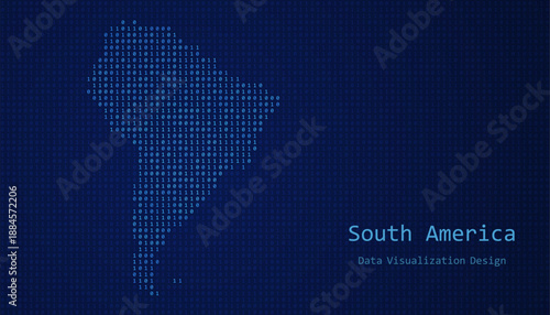 South America map made of binary code on tech blue background