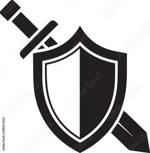 Classic sword and shield emblem icon for security, protection, and defense. Minimalist black and white vector graphic representing a warrior, knight, or medieval strength
