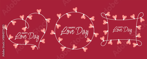 Love Day Frames Set with heart-shaped string light garlands and greeting text