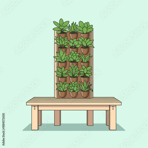 Furniture Design Vector of Vertical Garden Integrated into Bench Seat Backrest for Outdoors