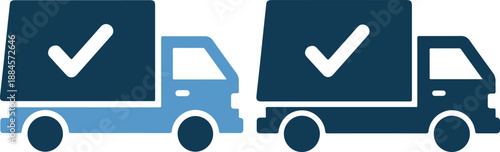 Two delivery trucks with checkmarks on boxes in different colors