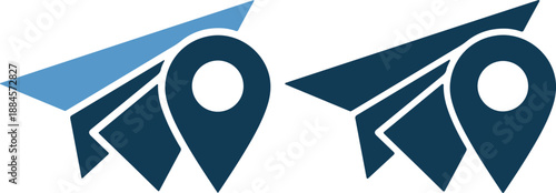 Two location pins with different colored lines