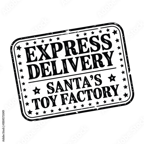 vintage rubber stamp design featuring express delivery and santa s toy factory text