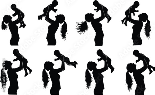 mother, baby, silhouette, motherhood, love, family, parent, child, bonding, care, parenting, affection, happiness, woman, infant, nurture, relationship, vector, black, isolated