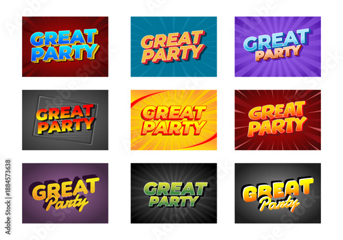 A collage of nine colorful designs featuring the text Great Party in various styles and backgrounds, showcasing vibrant colors