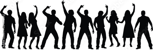 People dancing silhouettes illustration, group party celebration poses set, men women dance floor activity, black white vector figures isolated