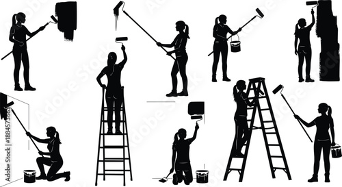 painter, painting, decorator, woman, worker, renovation, repair, maintenance, construction, ladder, roller, brush, interior, exterior, house, wall, silhouette, black, vector, illustration