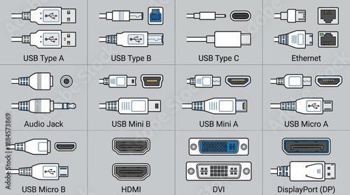 Computer Connector Reference Vector Chart – 12 Black-and-White Plug and Port Icons for USB, HDMI, Ethernet, and Display Design Use