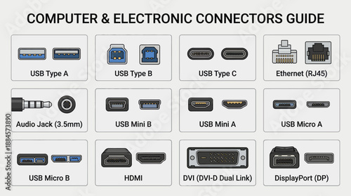 Computer Connector Reference Vector Chart – 12 Black-and-White Plug and Port Icons for USB, HDMI, Ethernet, and Display Design Use