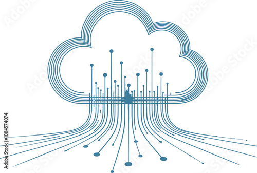 Cloud computing concept with flowing digital data representing network connections and data transfer.