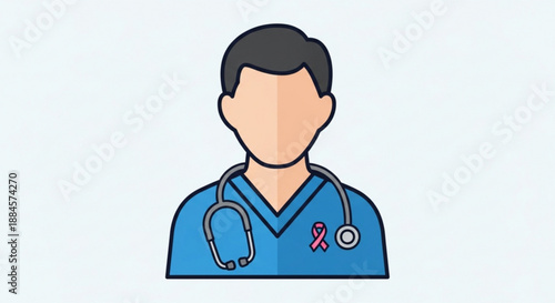 Medical professional with stethoscope and pink ribbon on blue scrubs standing alone