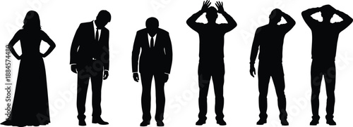 business, stress, silhouettes, people, man, woman, anxiety, depression, burnout, frustration, emotion, mental, problem, crisis, pressure, work, corporate, black, vector, illustration