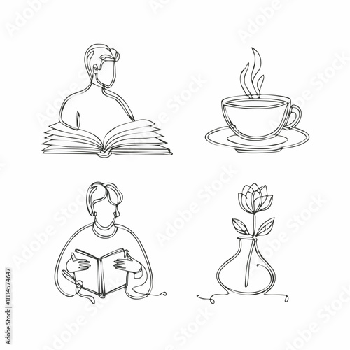 A serene scene of a person reading, rejuvenated with a cup of coffee and a beautiful flower in a simple, line art style from a straightforward viewpoint.