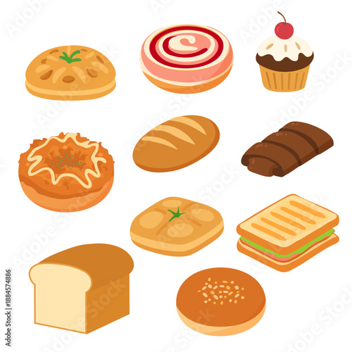 Variety Of Bread And Bakery Food Vector Illustration Set