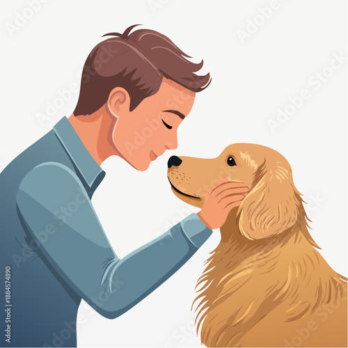Man gently petting a golden retriever dog with affection and tenderness illustrated in a calm environment from a side viewpoint