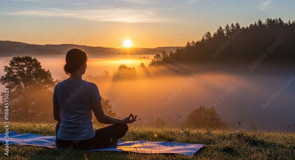 Fototapeta premium Woman meditating in lotus pose on yoga mat at sunrise with misty landscape. Yoga practice for calm and mindfulness. Outdoor wellness activity