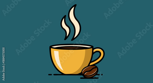 Simple vector illustration depicting a steaming yellow coffee cup resting on a surface next to a single roasted brown coffee bean against a dark teal background perfect for morning beverage concepts.