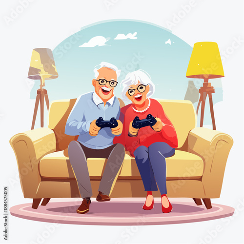 Elderly couple enjoying gaming session together on a yellow sofa indoors with lamps nearby in a cozy living room setting