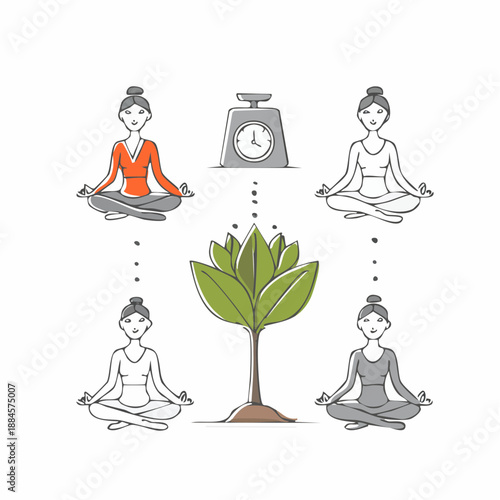 Four individuals meditating around a growing plant symbolizing balance and harmony in a serene environment from an overhead viewpoint