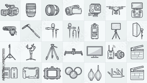 Video & Photography Equipment Icon Grid – 35 Illustrated Tools for Media Creation, Studio Setup, and Content Production Design Use