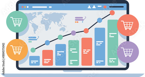 Global e-commerce sales analysis and growth visualization on a modern laptop dashboard.