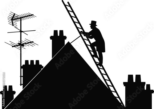 chimney, sweep, silhouette, rooftop, ladder, worker, profession, cleaning, maintenance, house, roof, urban, vintage, safety, occupation, industry, service, black, vector, isolated
