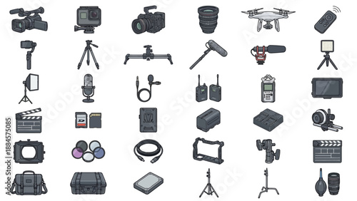 Video & Photography Equipment Icon Grid – 35 Illustrated Tools for Media Creation, Studio Setup, and Content Production Design Use