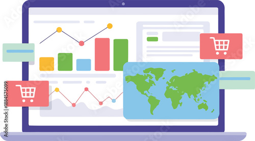 Global e-commerce analytics and business strategy displayed on a laptop screen for market growth.