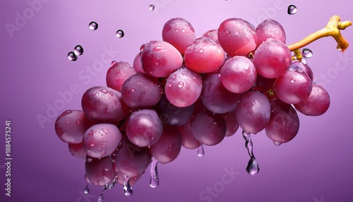 a cluster of grapes with refreshing water droplets floating against a soft purple background highlighting their vibrant color © Jeffrey