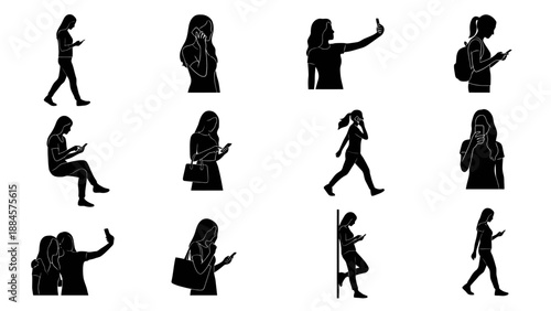 Mobile Behavior Silhouette Icon Set – 12 Black Vector Poses Depicting Everyday Device Use for Lifestyle, Editorial, and UI Design Applications