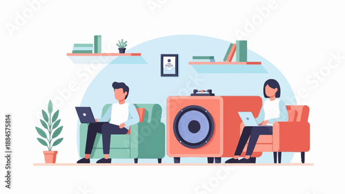 People working on laptops on couches near a large speaker