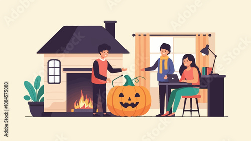 People interacting around a carved pumpkin inside a cozy home setting