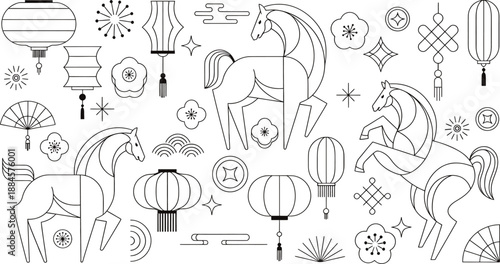 This image features a collection of whimsical horse illustrations accompanied by various decorative ornaments. The horses are depicted in different poses and styles, surrounded by elements such as lan