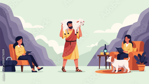 Stylized illustration of a person carrying a sheep, with two people reading nearby