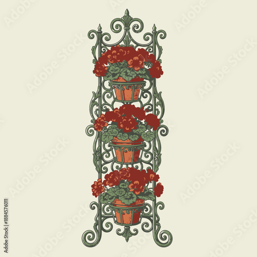 Vintage Illustration Style Vector of Decorative Cast Iron Vertical Garden Rack with Geraniums