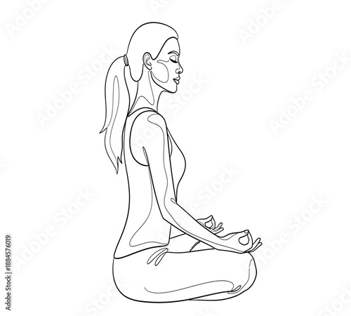 A serene line art illustration depicting a woman peacefully meditating in the lotus position