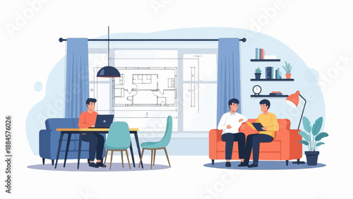 Two men collaborate on a project, one working on a laptop, the other reviewing a tablet