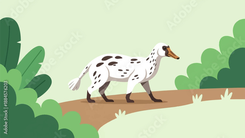 Stylized white spotted creature with duck bill walks on a path surrounded by greenery
