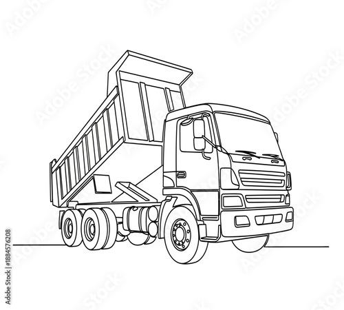 Detailed line drawing of a large dump truck with an elevated bed side view