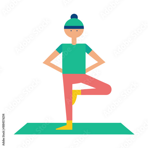 Hiker doing yoga on a mat for relaxation, flat illustration style