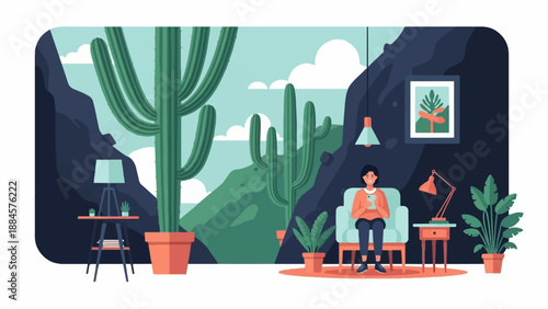 Person relaxing indoors with cacti and mountainous landscape view