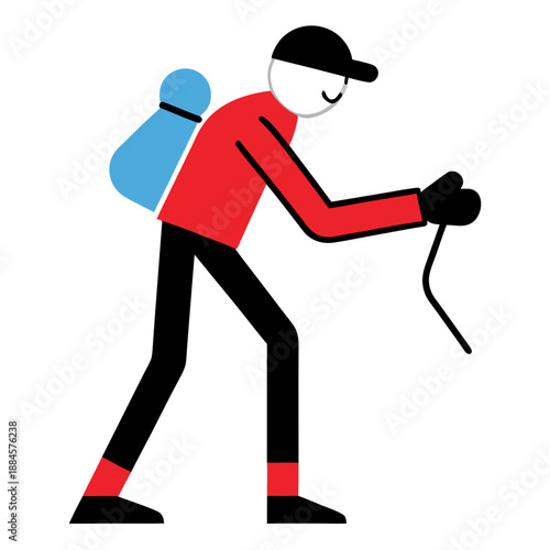 Hiker putting on gloves for warmth, flat style, outdoor preparation