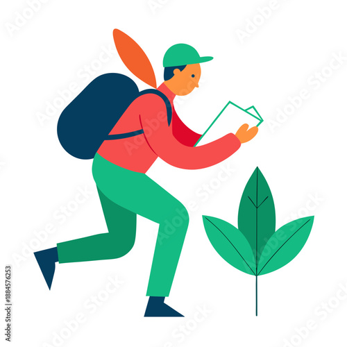 Hiker preserving leaves in a journal, flat illustration style