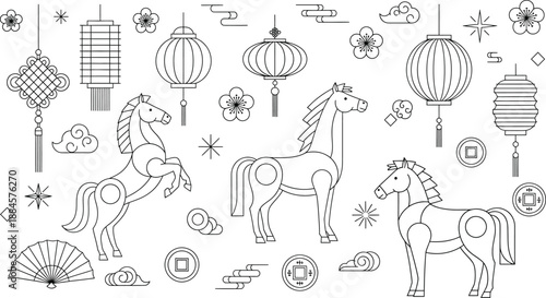 This image features a collection of whimsical horse illustrations accompanied by various decorative ornaments. The horses are depicted in different poses and styles, surrounded by elements such as lan