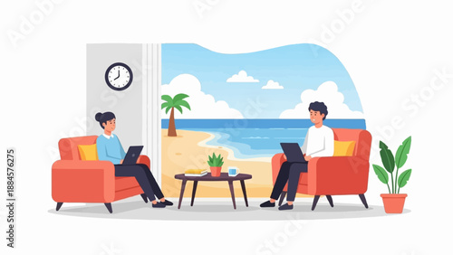 Two people work on laptops from cozy chairs overlooking a beach