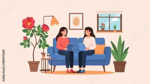 Two young women sit on a sofa with tablets in a cozy room